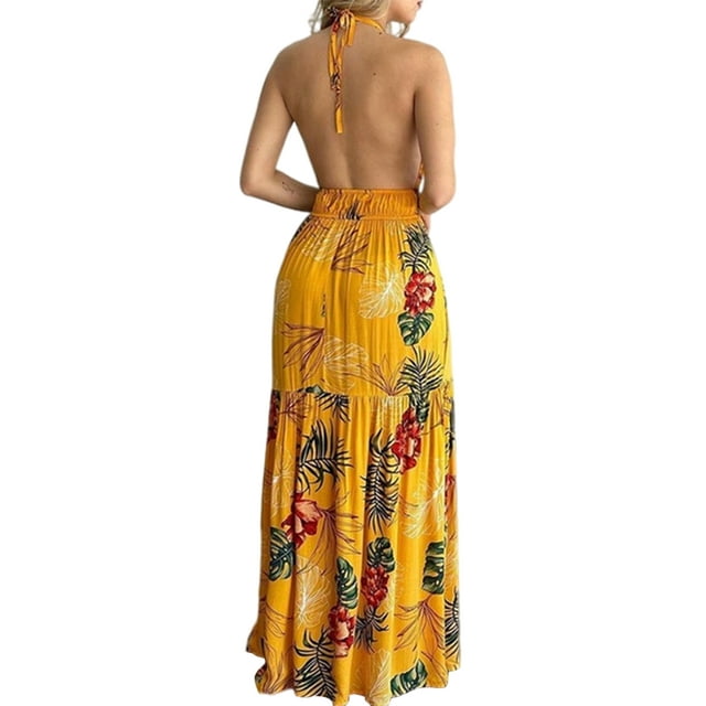 Bellella Robe Longue Dos Nu Maxi Robes Col en V Robe d'Été Kaftan Imprimé Floral Vacances Jaune TG