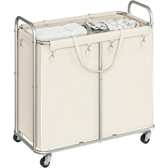 NNYYS Laundry Basket with Wheels, 2-Section Rolling Laundry Hamper, Laundry Cart with Removable Liner, Steel Frame with Handle
