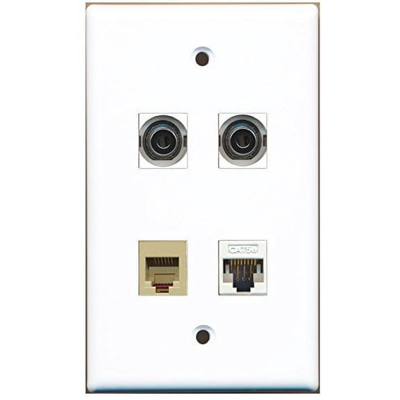 RiteAV - 1 Port Phone RJ11 RJ12 Beige 2 Port 3.5mm 1 Port Cat5e Ethernet White Wall Plate