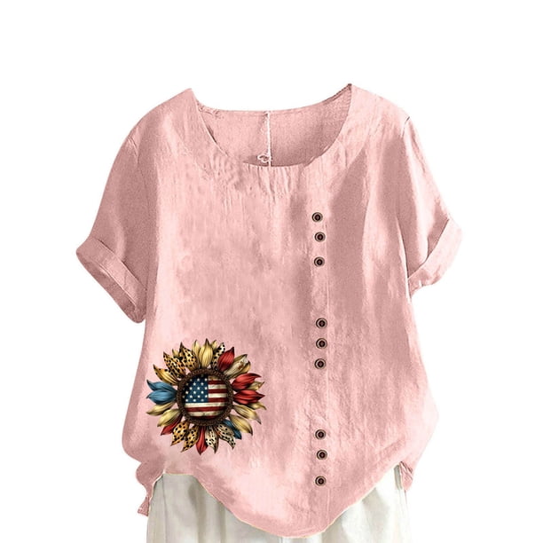 Vestidos Casuales Para Mujer, Blusas De Mujer De Moda Blusa informal de lino con botones y manga corta estampada para mujer