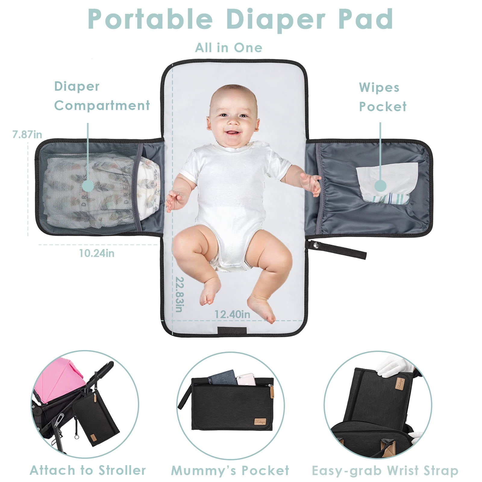 Kabaqoo Large Baby Diaper Backpack, Multifunction Waterproof Mom Bag with Changing Pad, black
