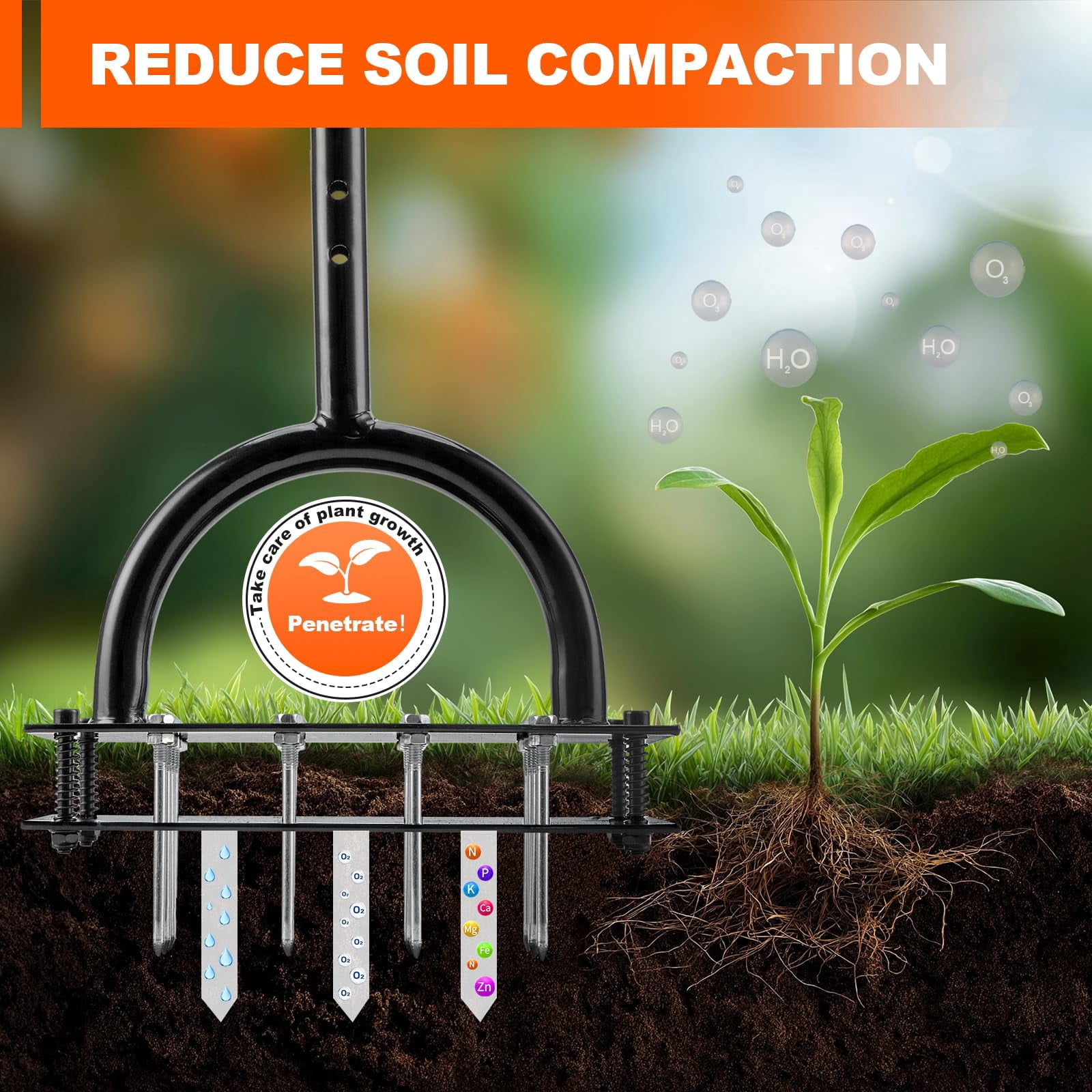 Lawn Aerator Tool - 16 Iron Spikes With T-handle  Automatic Dirt Clean For Soil Loosening & Yard Aeration Manual Metal Grass (black Orange)