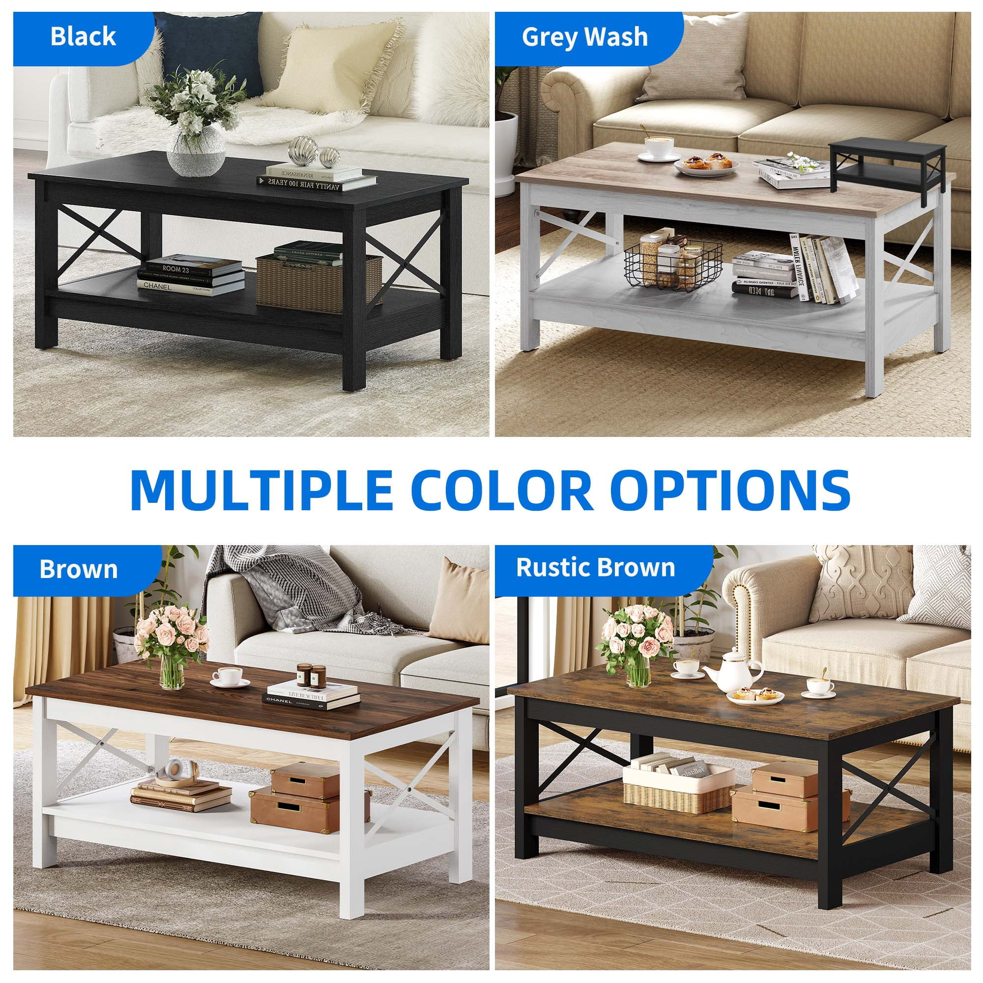 Dextrus Farmhouse Coffee Table with Open Storage Shelf, 2-Tier Thicken Wood Accent Cocktail Center Ends Table for Living Room Home Office, Rustic Brown
