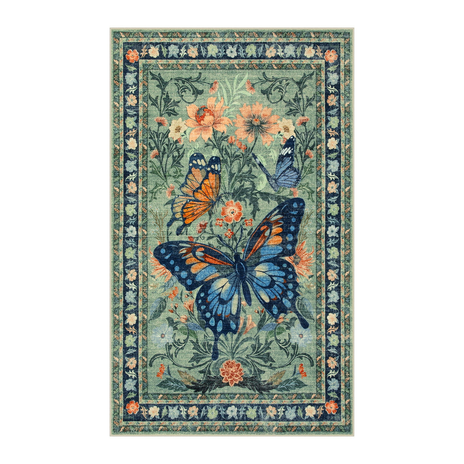 Lahome Decor 3'x5' Butterfly Bedroom Rug,Area Rugs 3x5ft Rugs for Entryway. Non-Slip Washable Rugs Stain Resistant Boho Floral Rug Low-Pile Throw Rug for ‎‎Living Room Office,Green