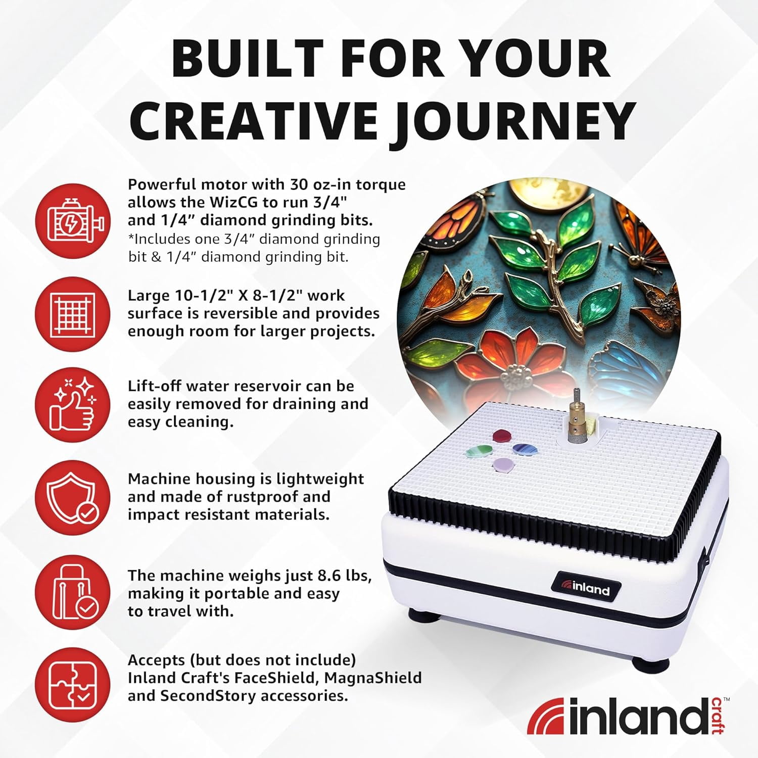 Inland Craft Wiz Glass Grinder | Stained Glass Grinding Shaping Machine | Includes TWO Diamond Grinding Bits