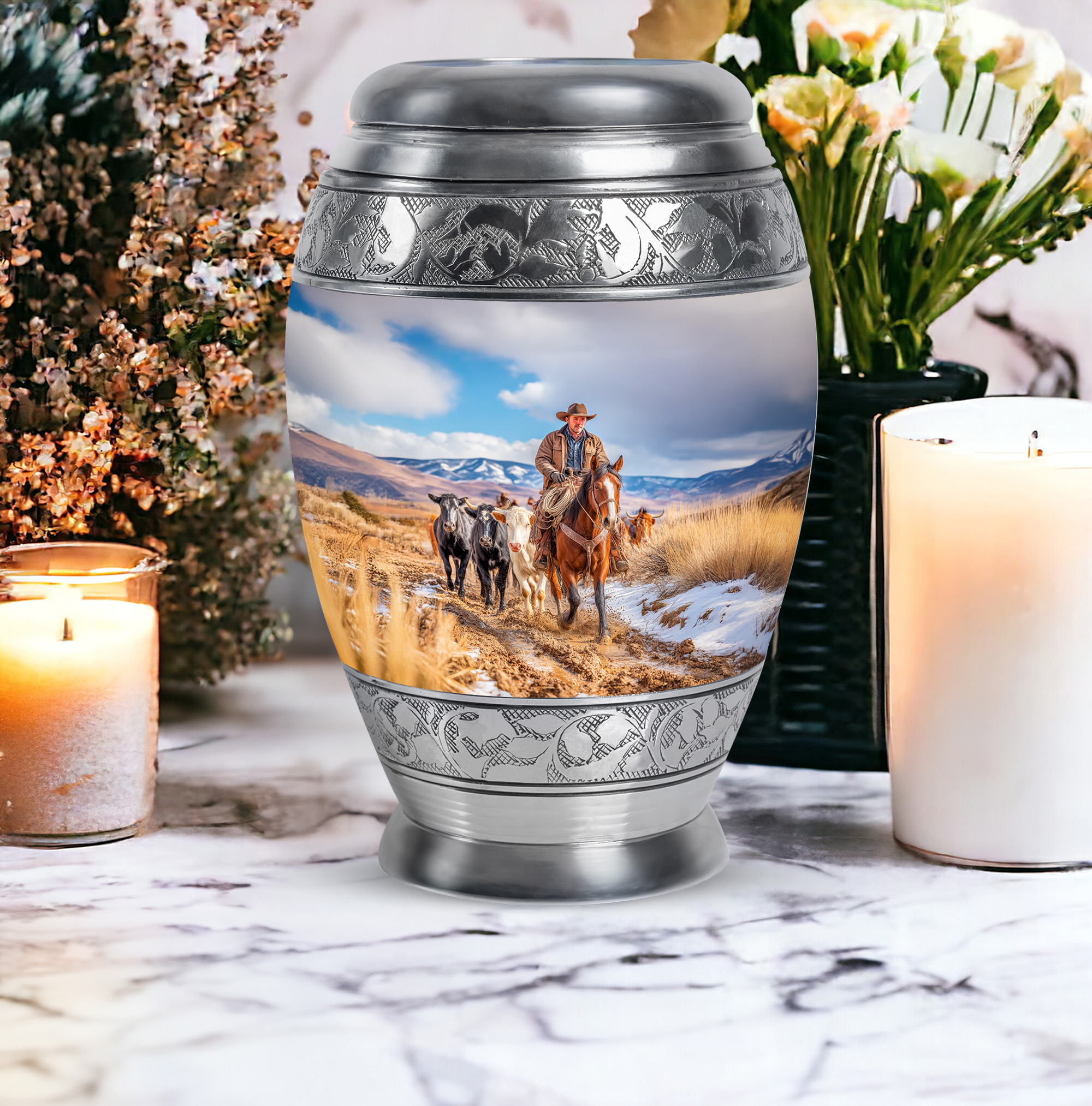 SABURIAL Cowboys Memorial Cremation Urns - Burial Urn for Ashes Adult Male - Large Funeral Urn for Ashes Adult Female - Decorative Urns for Women & Men - 10 Inch