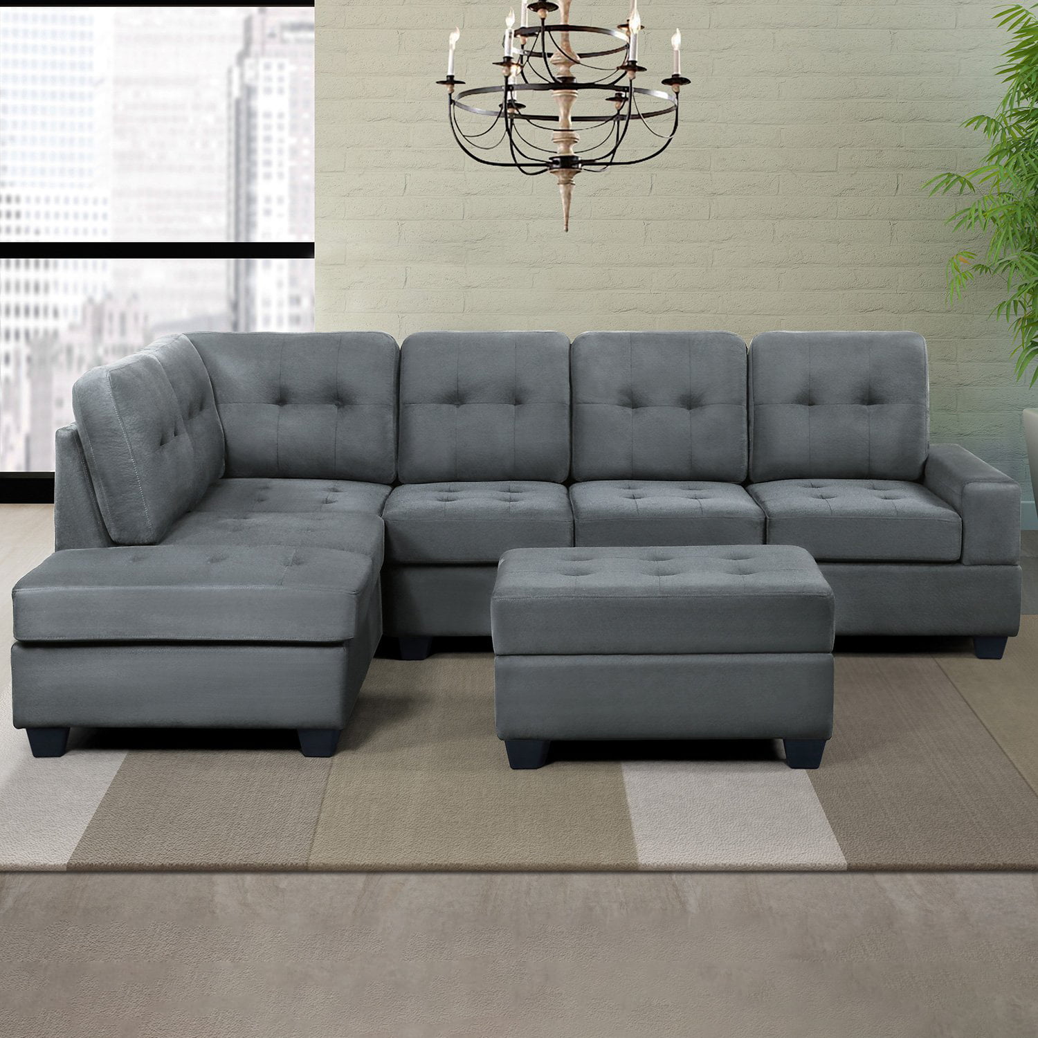 3 Piece Sectional Sofa Microfiber With, Sectional Sofa With Chaise And Storage Ottoman