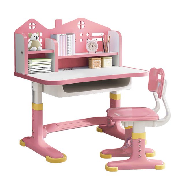 Kids Functional Desk Chair Set, Height Adjustable Children School Study Desk with Castle Backboard, Widened Desktop, Bookstand and Storage Drawer (Pink)-Pink