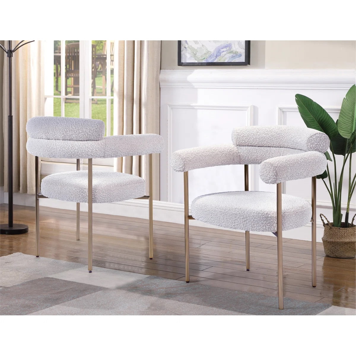 Dining Chair, Set of 2 Boucle Fabric Upholstered Armchairs with Brushed Gold Stainless Steel Metal Frame, Modern Glam Cream Dining Room Seating, 28"L x 24"D x 32"H, Medium Firm Seat