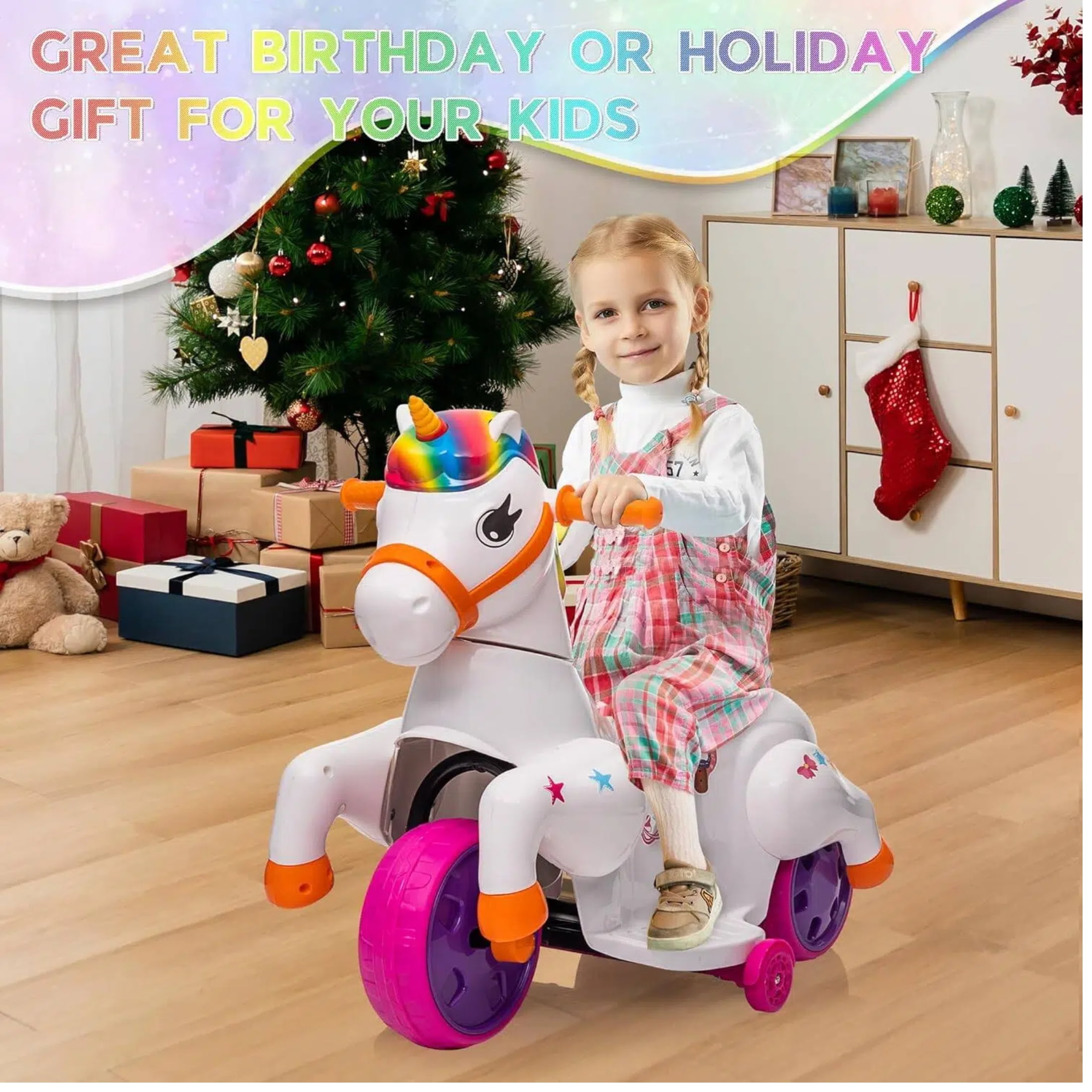 TRANSLINK 12V Unicorn Ride on Car Toys Music Up and Down Pony Electric Car for Kids Xmas Birthday Gifts Present Boys Girls Toys Ages 2-6