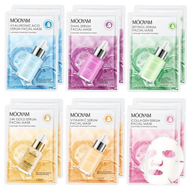 Mascarillas faciales en láminas GUOYAOLIFU Skincare, paquete de 12 para toda la piel