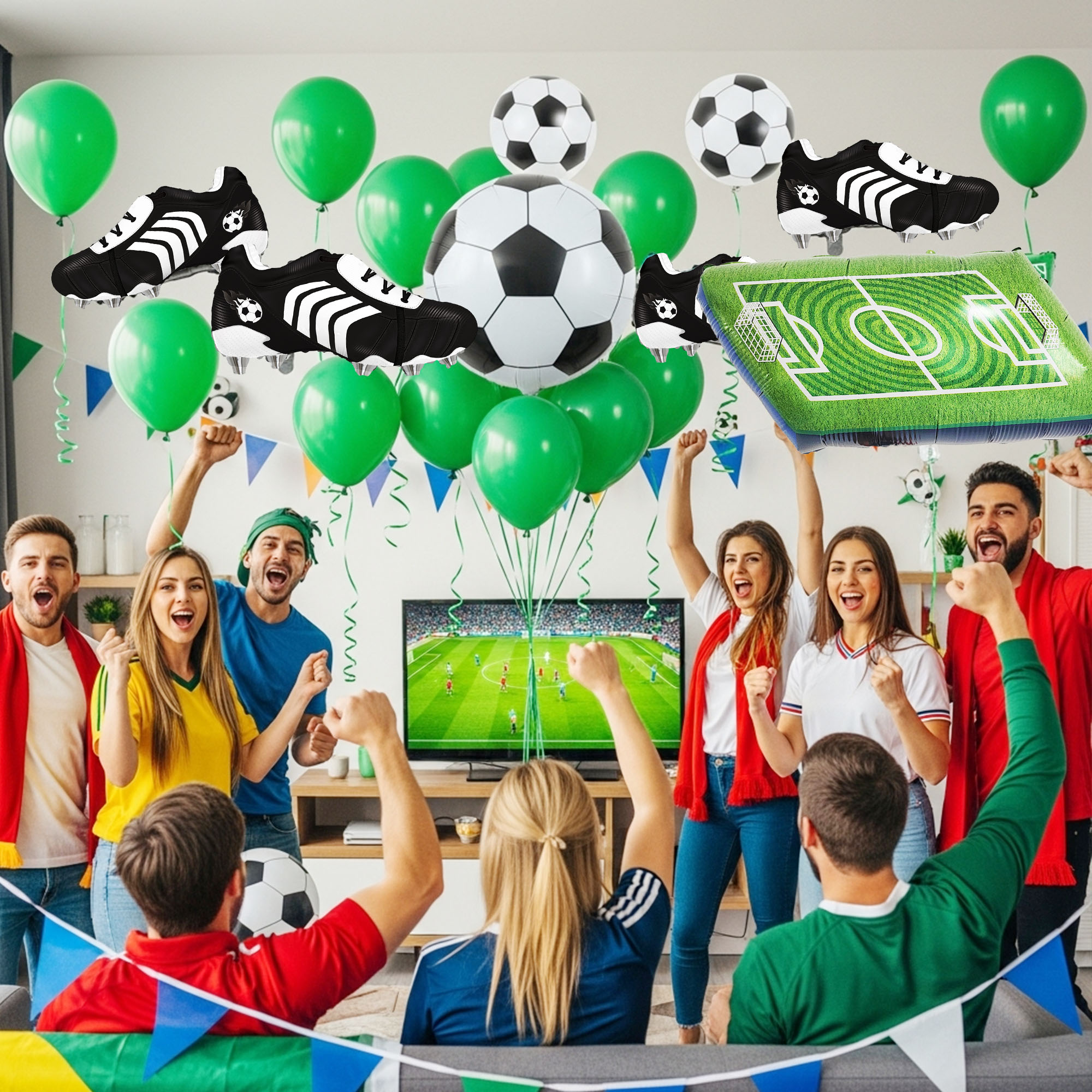 CYMYLAR Soccer Balloons Kit Football Party Decorations - Giant Soccer Ball Field Cleats Foil Balloons Green Latex for Boys Girls Birthday Sports Theme (14 Pieces)
