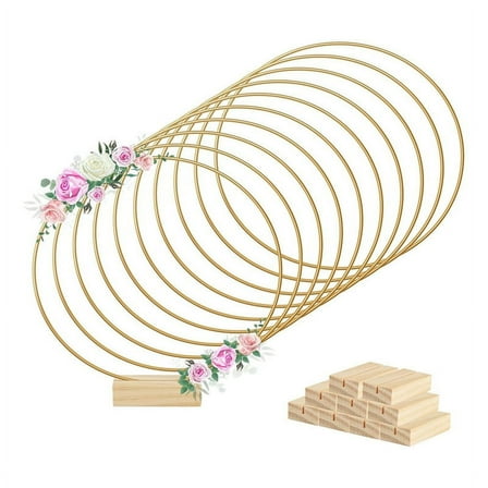 10 Pieces 8 Inch Metal Floral Ring Centerpiece Strips 10 Wooden Stands for Table Decoration DIY Decorative Wall Hanging
