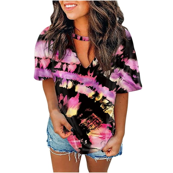 PATLOLLAV Womens Tops Funny Print T-Shirt Leopard V-Neck Blouse Loose Fit Tie-Dye Shirts
