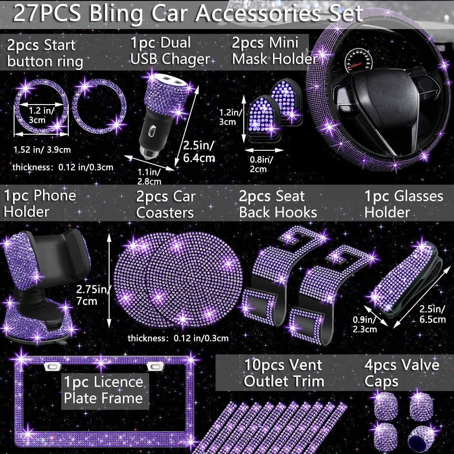 Chasenew 27 PCs Red Bling Car Accessories Set for Women, Steering Wheel Covers Universal Fit 15 Inch, Bling License Plate Frame, Bling Phone Holder, Bling Car Coasters (Red Diamond)