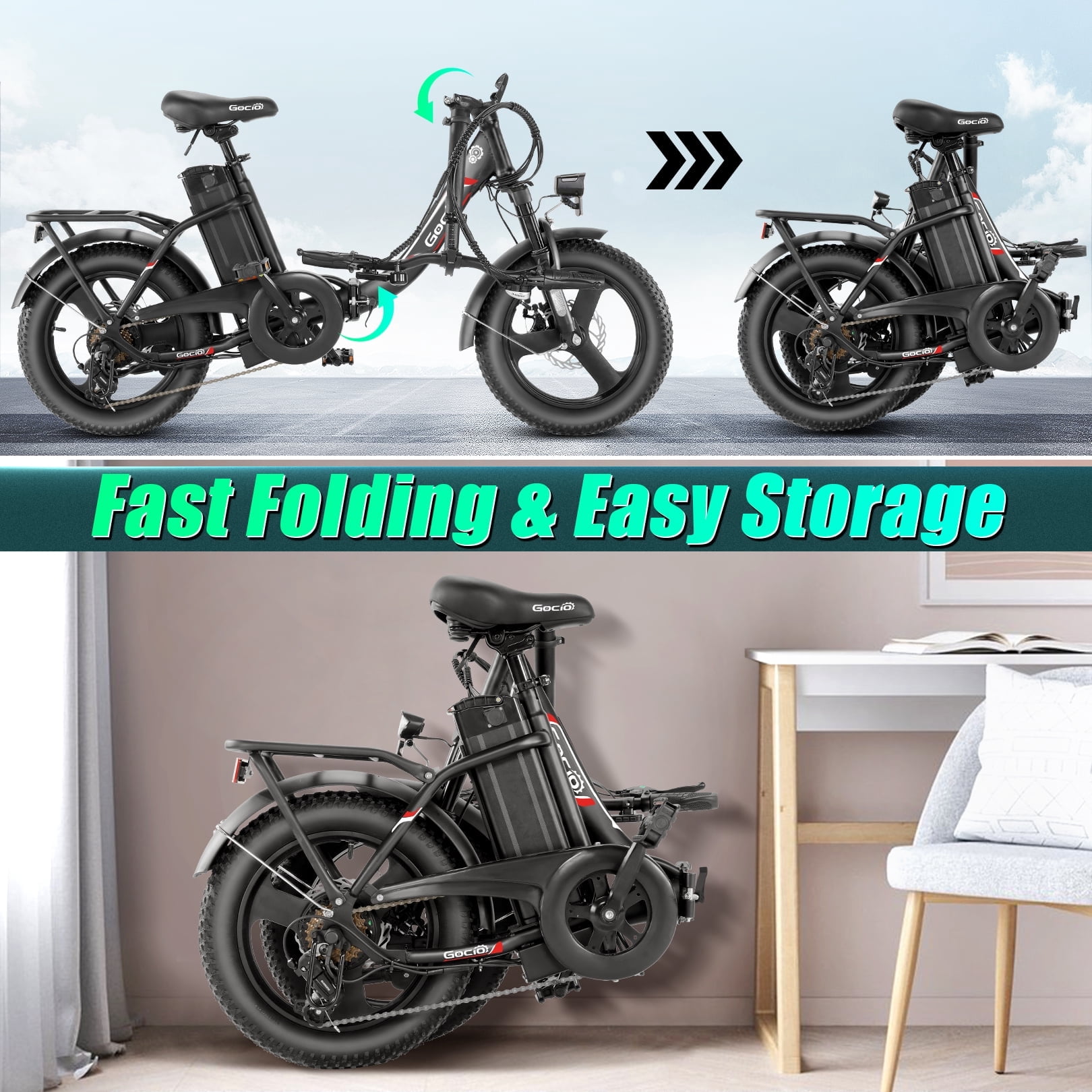 Gocio Electric Bike 3.0 Fat Tire Foldable Ebike, 48V 374.4Wh Battery, Peak 750W Folding Electric Bike, Lockable Suspension Fork, LCD, 16" One-Piece Tire Electric Bicycles for Women Adults UL2849