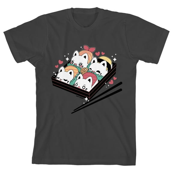 Tasty Peach Meowchi Youth Girl's Charcoal Crew Neck Short Sleeve T-shirt-Medium