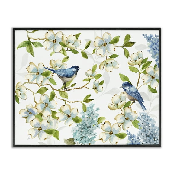 Stupell Industries Dogwood & Bluebirds Plants & Flowers Painting Black Framed Art Print Wall Art, 14 x 11