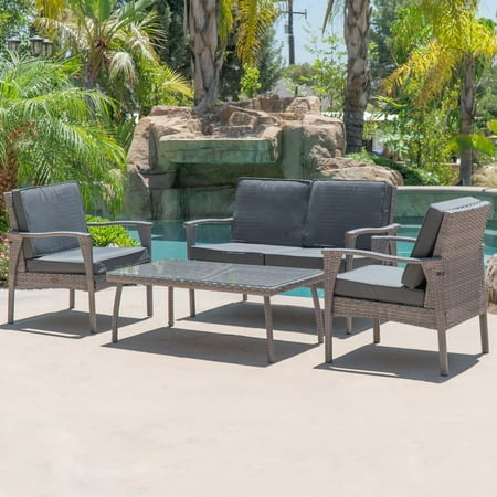 BELLEZE 4PC Outdoor Patio Wicker Set Lounge Backyard Weather Resistant UV Thick Cushion Chair Glass Coffee Table  Gray