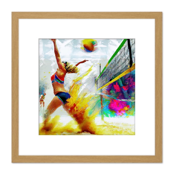 Women's Beach Volleyball Match Action Shot Modern Abstract Colourful Oil Paint Square Wooden Framed Wall Art Print Picture 8X8 Inch