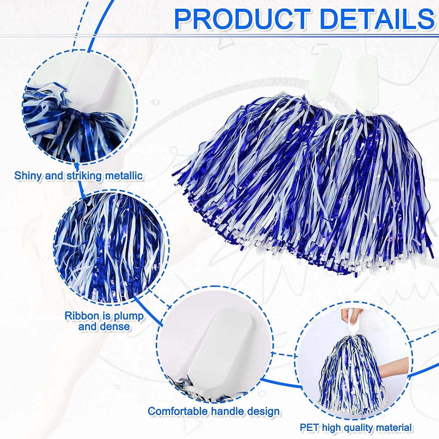 LINLIN 12Pcs Handheld Cheerleading Pom Poms, Metallic Foil Cheerleader Pompoms Hand Flowers for Team Spirit Sports Games Dance Party - Durable & Lightweight