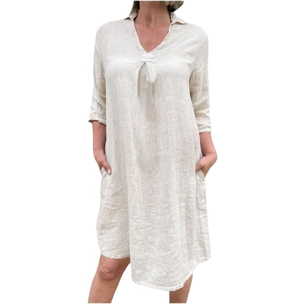Vestido de color sólido de manga 3/4 de longitud media con cuello en V casual de moda para mujer Fridja yut4437
