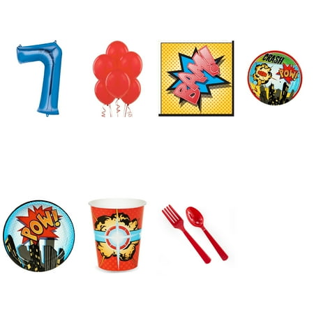 Superhero Comic Books 7th birthday supplies party pack for 16
