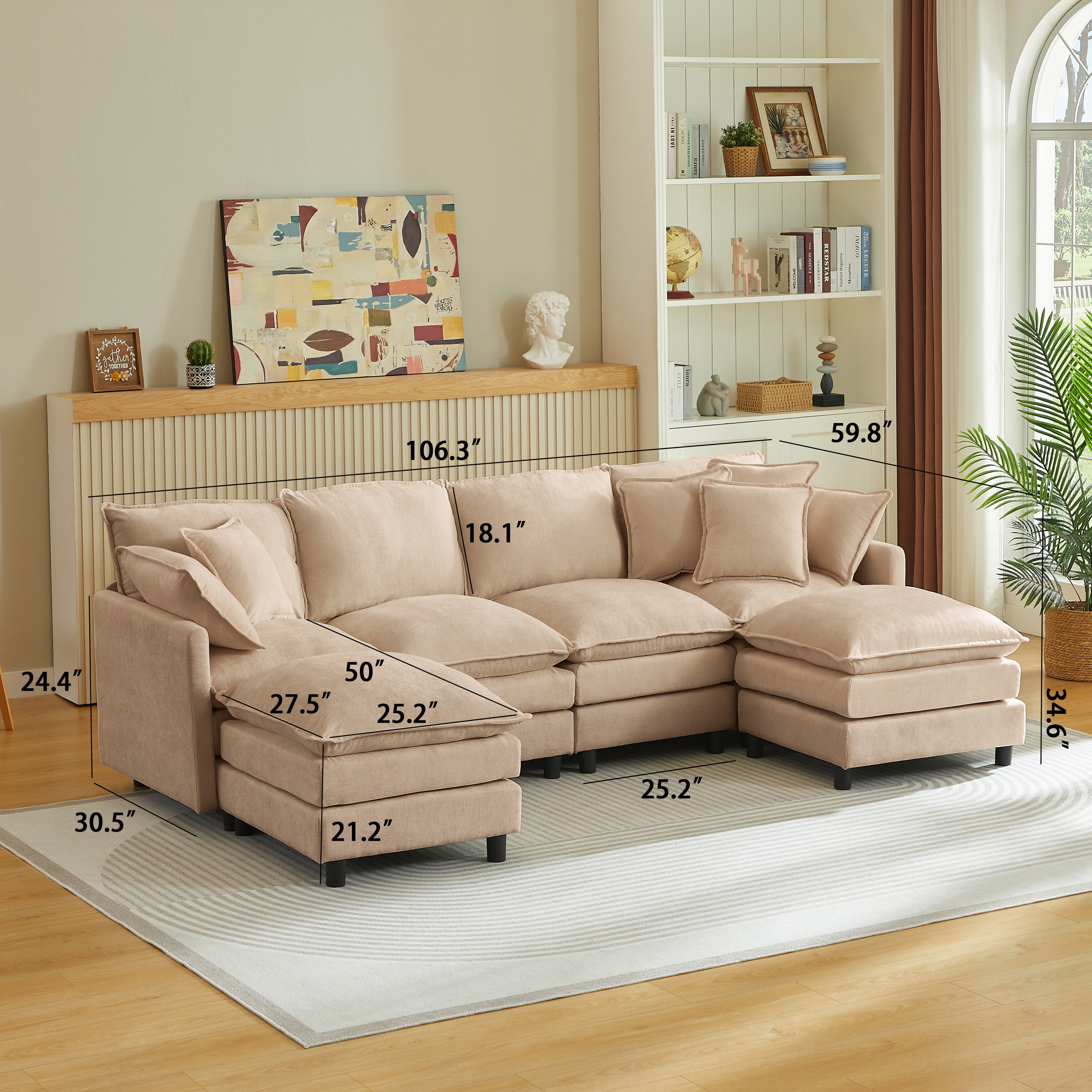 106" U Shaped Modular Sectional Sofa 4-Seater Comfy Cloud Couch Set with 2 Movable Ottoman