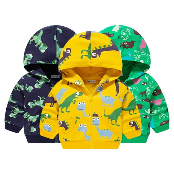 Godderr Toddler Baby Boys Hooded Jacket for Kids Zip Sweatshirt Coat Casual Long Sleeve Dinosaur Outerwear Winter Sweatshirt for 1-10Y
