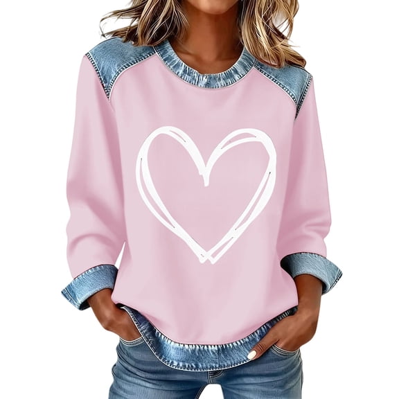 Womens Blouses Sweatshirts Tops Patchwork Denim Sweater Pullovers Long Sleeve Splicing Tshirts Blouses Fall Cardigan Long Sleeve Shirts For Women