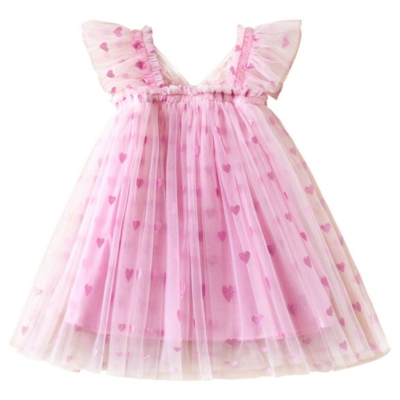 PINQI Fashion Dress for Toddler Girls Sister Matching Clothes Baby Valentines Day Romper Dress Heart Print Puff Sleeve Tulle Dress Birthday Outfits