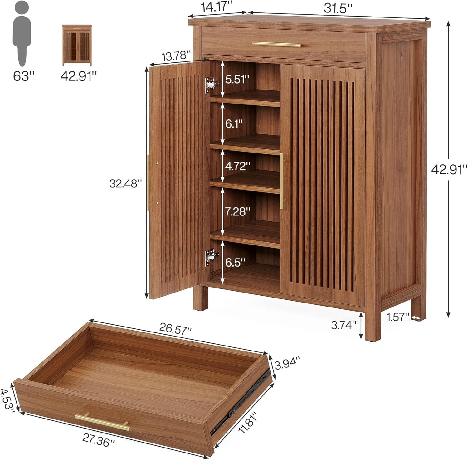 5-Tier Shoe Cabinet with Louvered Doors & Drawer, Freestanding Wooden Shoe Rack Organizer with Adjustable Shelves for Entryway, Hallway, Closet