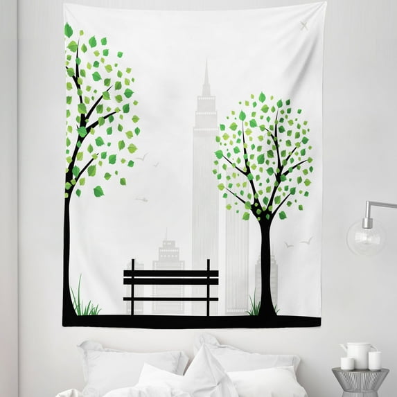 Tree Tapestry, Minimalist City with Simple Lines and Leaf Patterns in Boho Design Print, Fabric Wall Hanging Decor for Bedroom Living Room Dorm, 5 Sizes, Green Black, by Ambesonne