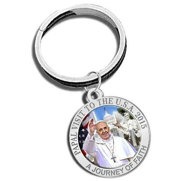 Pope Francis - Papal Visit Washington D.C. 2015 Color Religious Engravable Keychain 1 1/4 inch x 1 1/4 inch Round - Sterling Silver