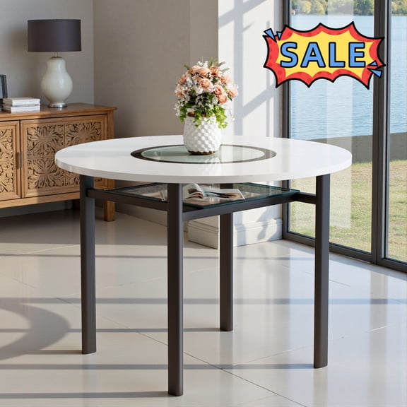 Tcbosik 42" Round Dining Table with MDF and Glass Top & Metal Legs, Modern Kitchen Table with Glass Shelf for Home Office, White
