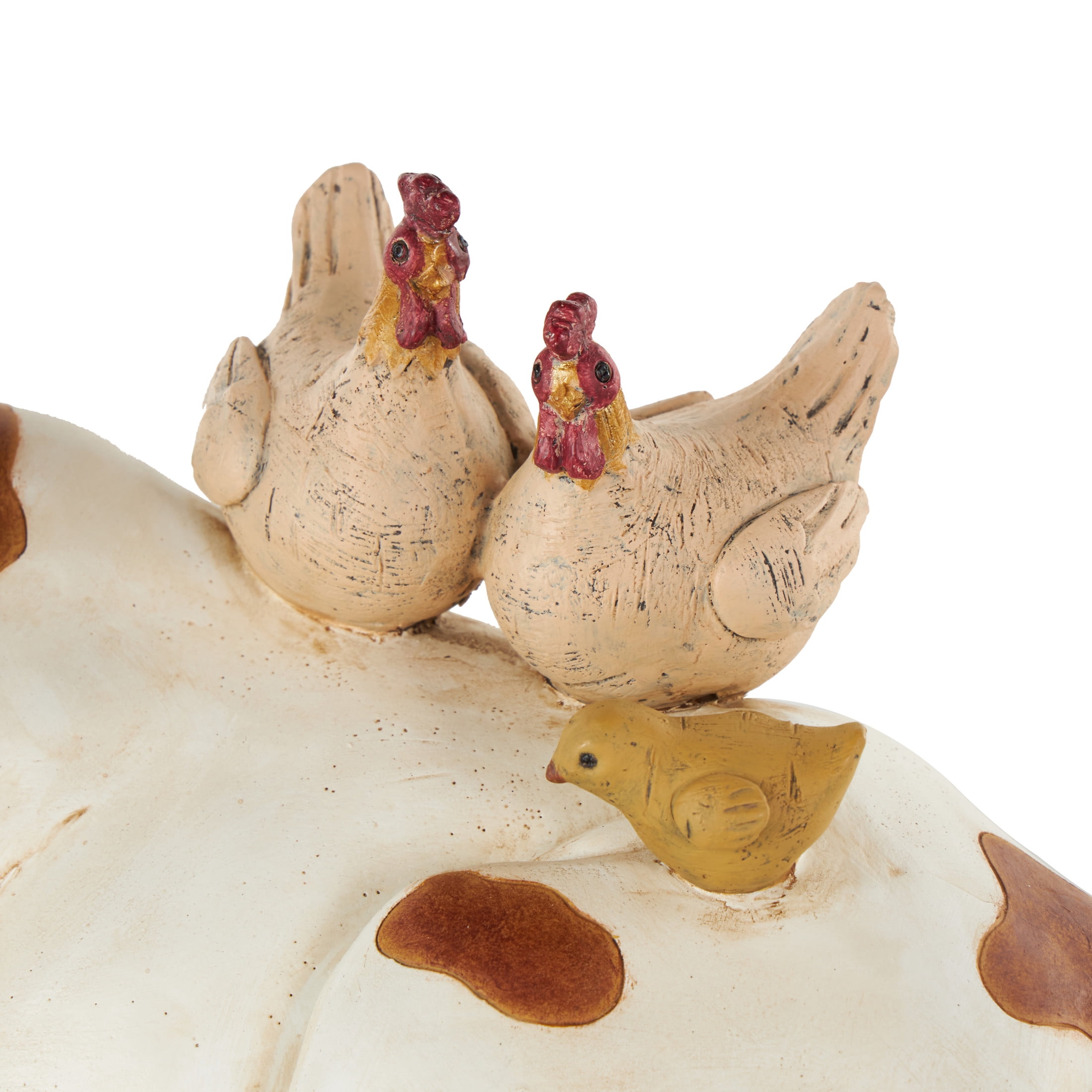 11" x 6" Cream Polyresin Sleeping Cow Sculpture with Sitting Roosters and Chicks, by DecMode
