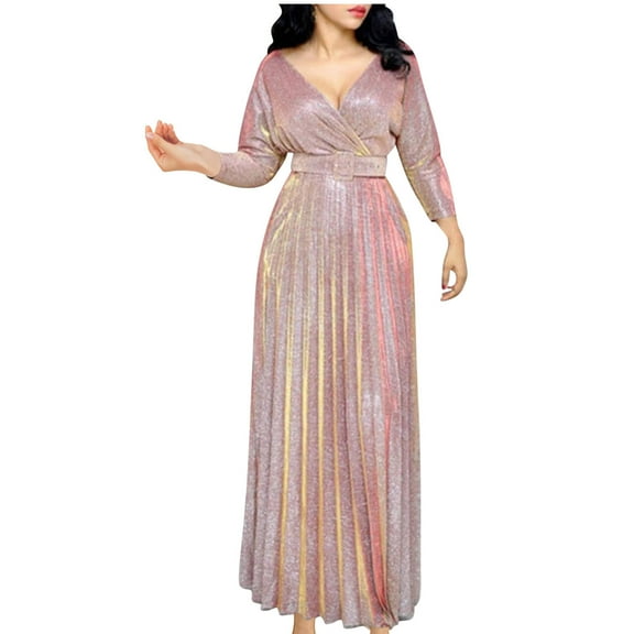 Efsteb Elegant Cocktail Dresses for Women V Neck Pleated Long Sleeve Casual Long Dress Prom Wedding Swing Long Dresses (Pink,XL)