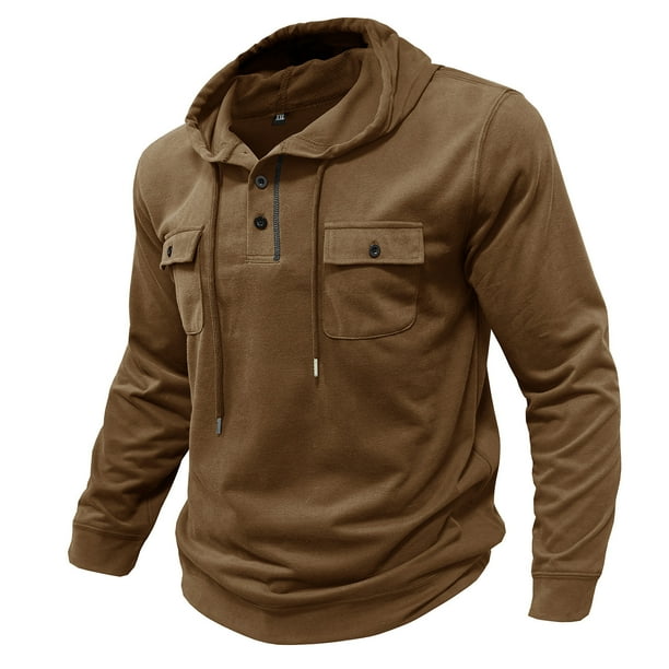 pstuiky camisas de manga larga para hombre, Camiseta informal de manga larga con capucha y botones para hombre, con bolsillos dobles, color liso camisetas de hombre l