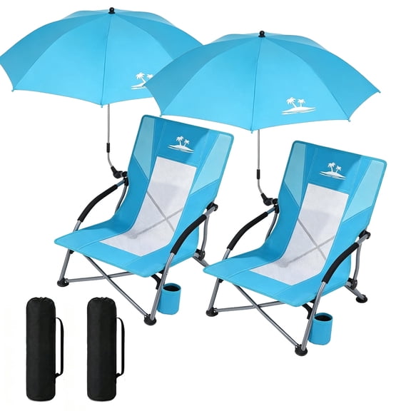 ELEKA 2 Pack Low Beach Chairs with Adjustable Umbrella, Folding Portable High Back Chair for Adults, 330lbs Capacity, Cup Holder , Light Blue