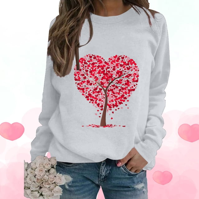 Qertyioot T-Shirt Graphique de la Saint-Valentin pour Femmes à Manches Longues, Imprimé Col Rond Pull Décontracté