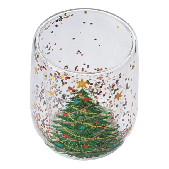 BKBP Christmas Tree Double Wall Cup, 13 oz Capacity Colorful Transparent Glass Christmas Tree Drinking Glasses, Christmas Tree Stemless Wine Glasses Coffee Cups for Holiday Christmas Gifts