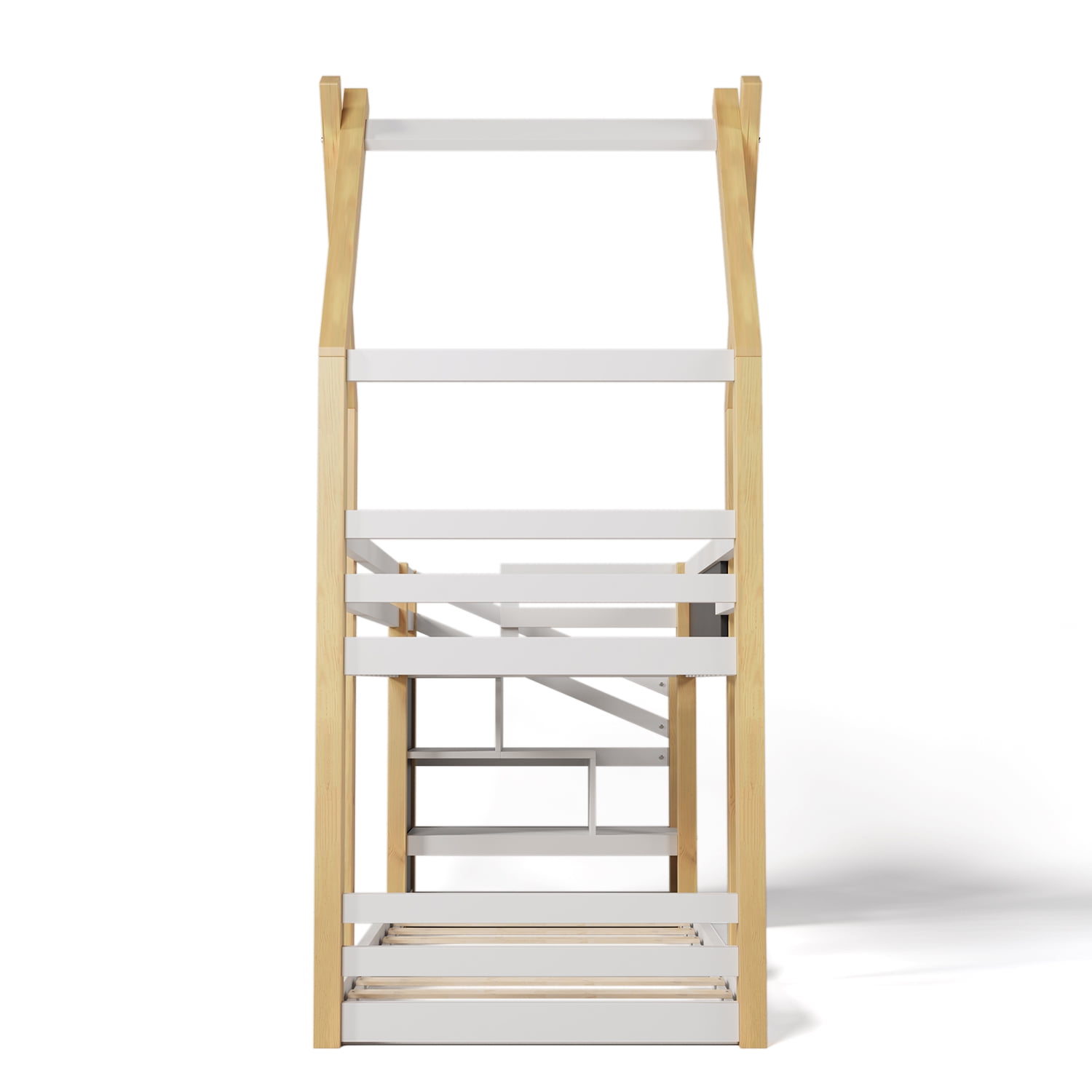 Kadyn Twin over Twin House Bed, Bunk Bed with White Storage Staircase and Blackboard, White and Natural