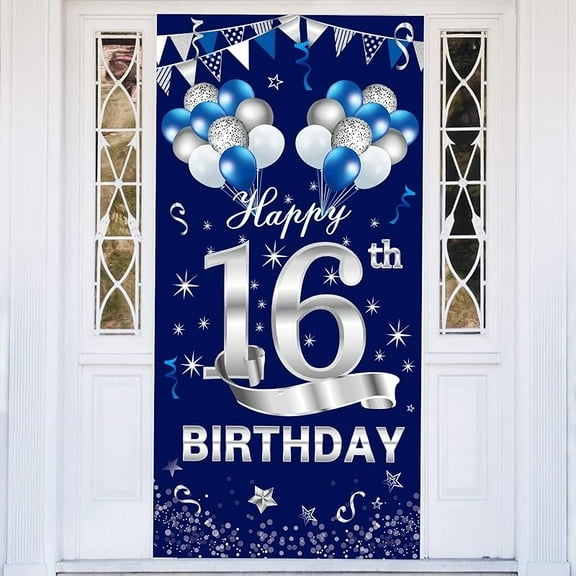 Blue Silver 16th Birthday Door Banner Decorations, Happy 16 Birthday Door Cover Sign Party Supplies for Boys, Sweet 16 Year Old Birthday Photo Booth Backdrop