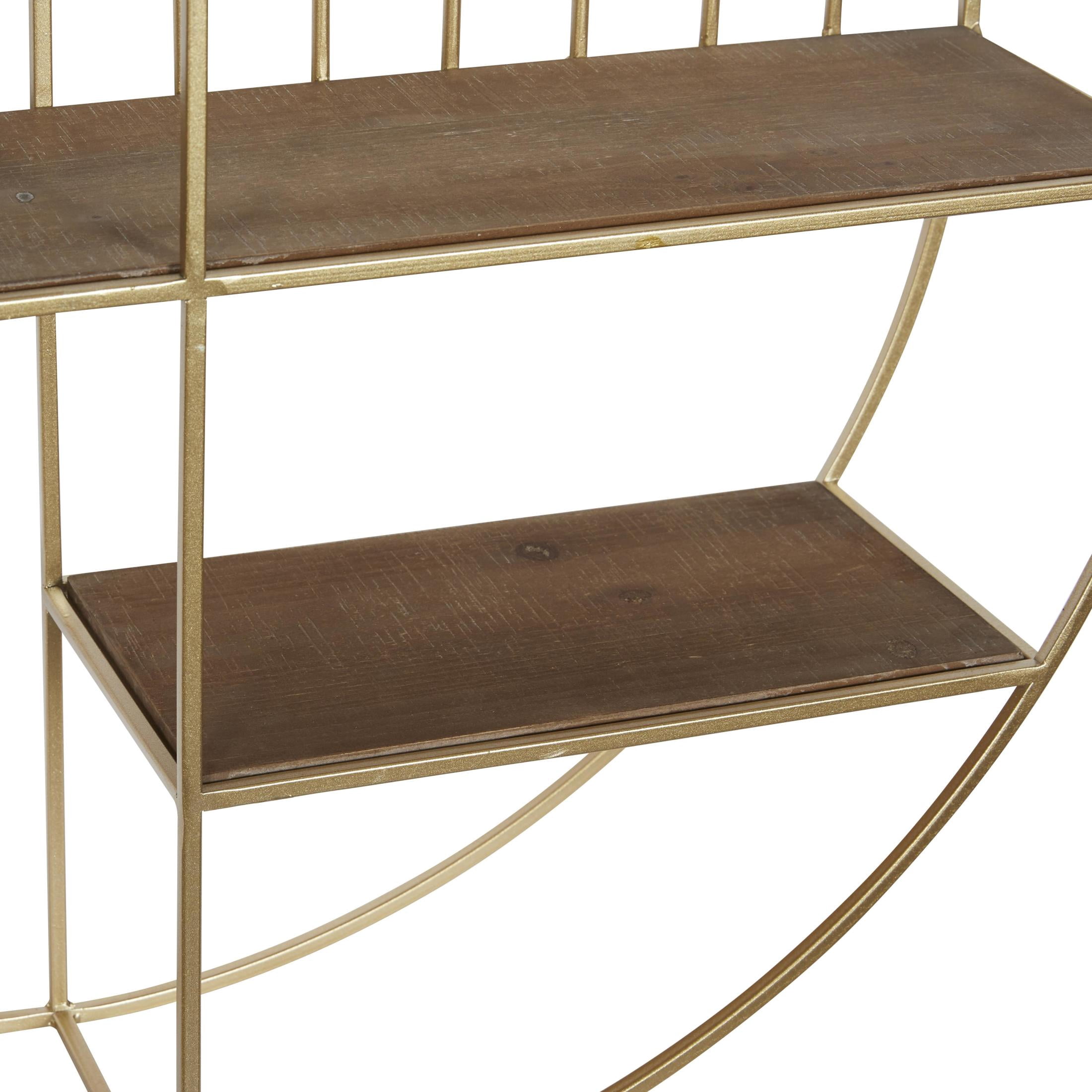 DecMode Gold Modern Iron Round Wall Shelf with Natural Brown Shelf Finish , 28"W x 28"H
