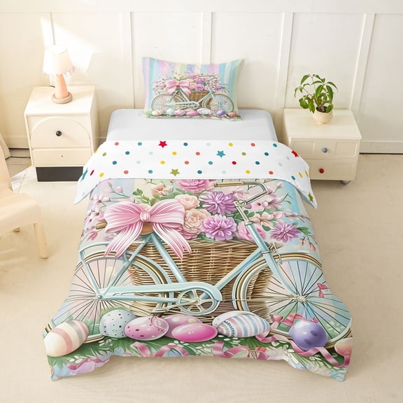 Erosebridal Pink Bow Easter Eggs Twin Bedding For Teens,Spring Rustic Flowers Duvet Cover Set For Child Kids,2pcs,No Comforter,Microfiber Bedroom Decor
