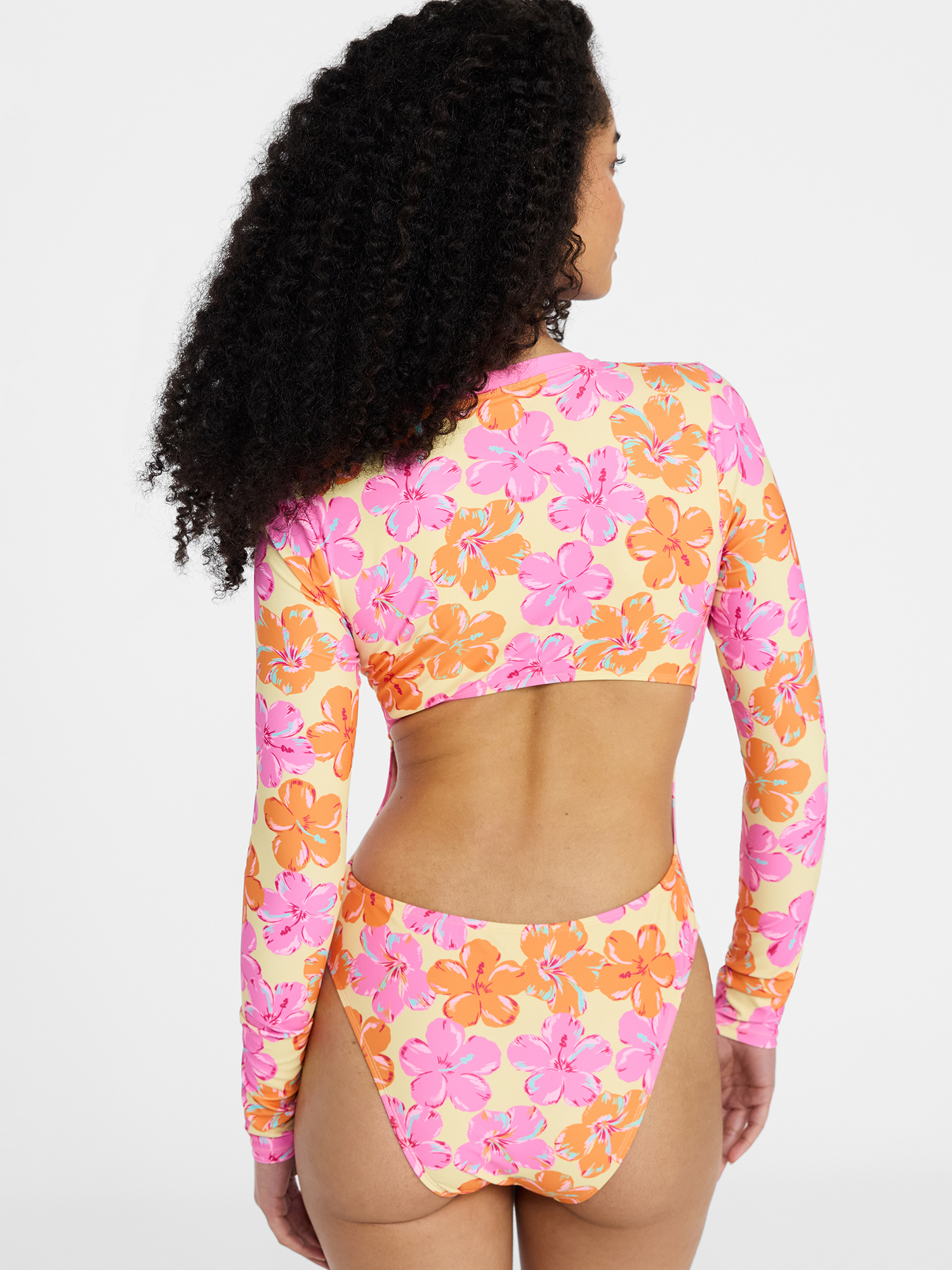 No Boundaries Hilo Hibiscus Cutout One-Piece Swimsuit with Long Sleeves, Women's XXS-XXL