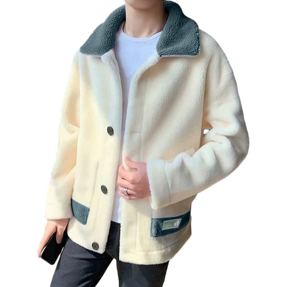 comerut Fall Winter Men Jacket Thickened Plush Turn-down Collar Color Matching Single-breasted Long Sleeve Buttons Pockets Warm Soft Men Cardigan Coat