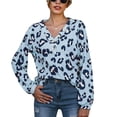 thumbnail image 1 of Camisa Mujer Manga Larga Estampado Leopardo Cuello V Jersey Botones Decoración Suelta Elegante Mujer Top Azul XL, 1 of 5