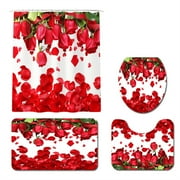 Seyurigaoka Rose Petal Print Bath Set, Rugs+Mat + Toilet Cover + Shower Curtain