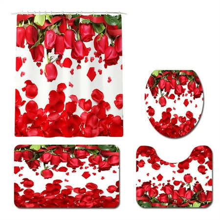 Seyurigaoka Rose Petal Print Bath Set, Rugs+Mat + Toilet Cover + Shower Curtain
